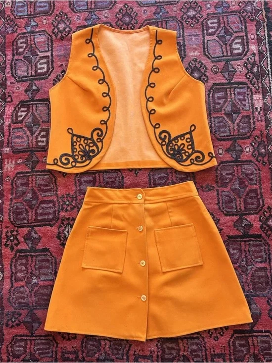 Vintage 70s Orange Skirt Set Embroidered Vest Mod Boho XS/S Coachella - Picture 9 of 11